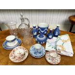 A Collection of Jasper Ware blue Wedgwood, Austrian cups and saucers, decanter, glass vase etc