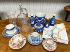 A Collection of Jasper Ware blue Wedgwood, Austrian cups and saucers, decanter, glass vase etc