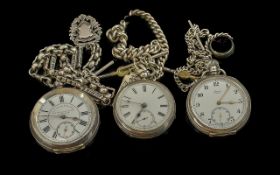 Good Collection of Three Silver Pocket Watches, dated Victorian to early 20th century, with Albert