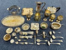 Box of Silver Plated Ware, including tea pots, goblets, tray, bowls, flatware, etc.