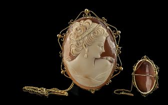 Antique Period Large And Impressive 9ct Gold Ornate Open-Worked Mounted Shell Cameo Set Brooch