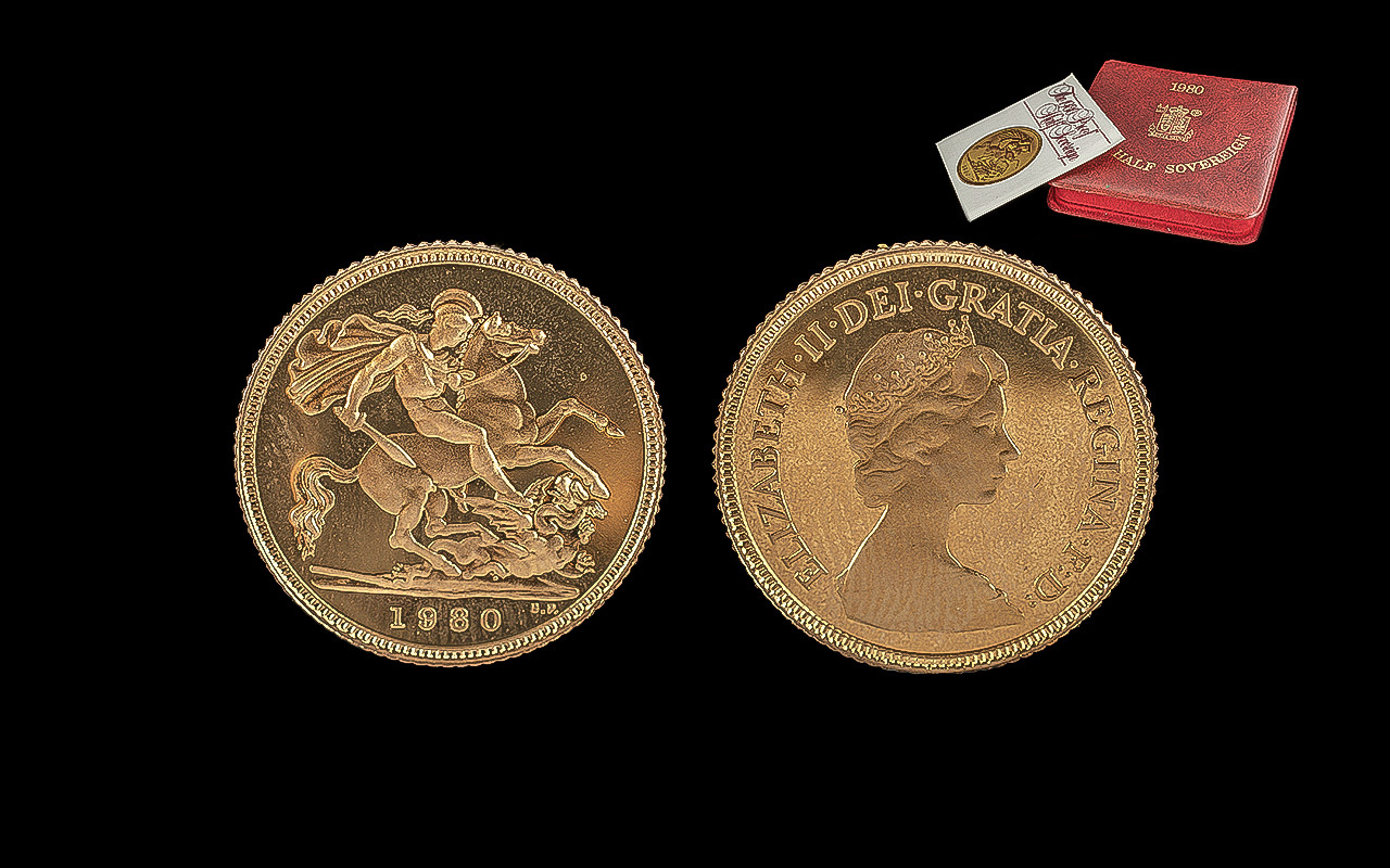 Royal Mint Queen Elizabeth II Proof Struck 22ct Gold Half Sovereign, date 1980, mint condition. With