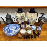 A Collection of Oriental Items to include two large cobalt blue Japanese Satsuma vases along with