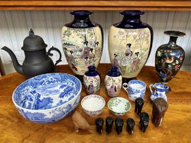A Collection of Oriental Items to include two large cobalt blue Japanese Satsuma vases along with