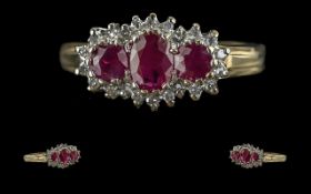 Ladies 9ct gold ruby and diamond set ring, marked to interior of shank, rubies of excellent colour