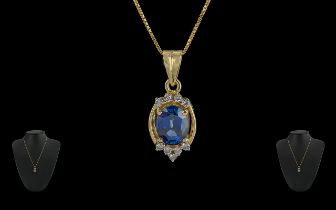 18ct Gold Pleasing Quality Sapphire and Diamond Set Pendant - With attached 18ct Gold Chain.