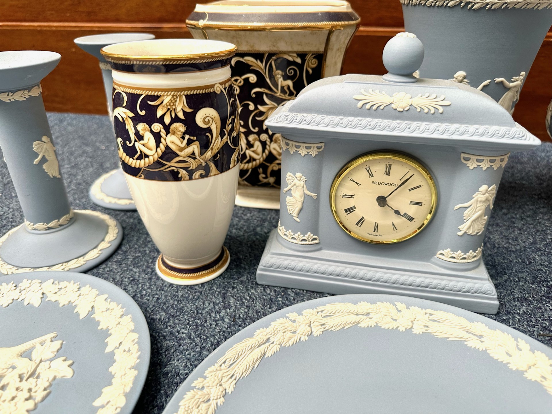 Collection of Wedgwood, including 'Blue Jasper' ware bowl, vase, pair of candlesticks, mantle clock, - Image 2 of 3