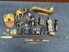Collection of Tribal Items, including a finger piano, flint axe head, horn, carved figures, bone