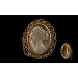 Ladies - Pleasing Quality 9ct Gold Open-worked Mounted Shell Cameo with Safety Chain, with full