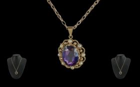 Antique period - fine 9ct gold amethyst and seed pearl set pendant with 9ct gold attached belcher