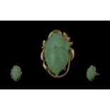 Ladies 14ct Gold Single Stone Green Jade Ring. Marked 585 14k to Shank. Impressed Image of a Bats