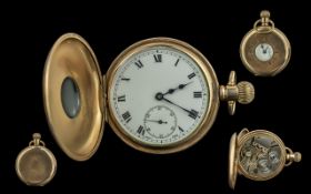 Swiss made - keyless 10ct gold plated full hunter pocket watch, 15 jewels, 2 adjustments, movement