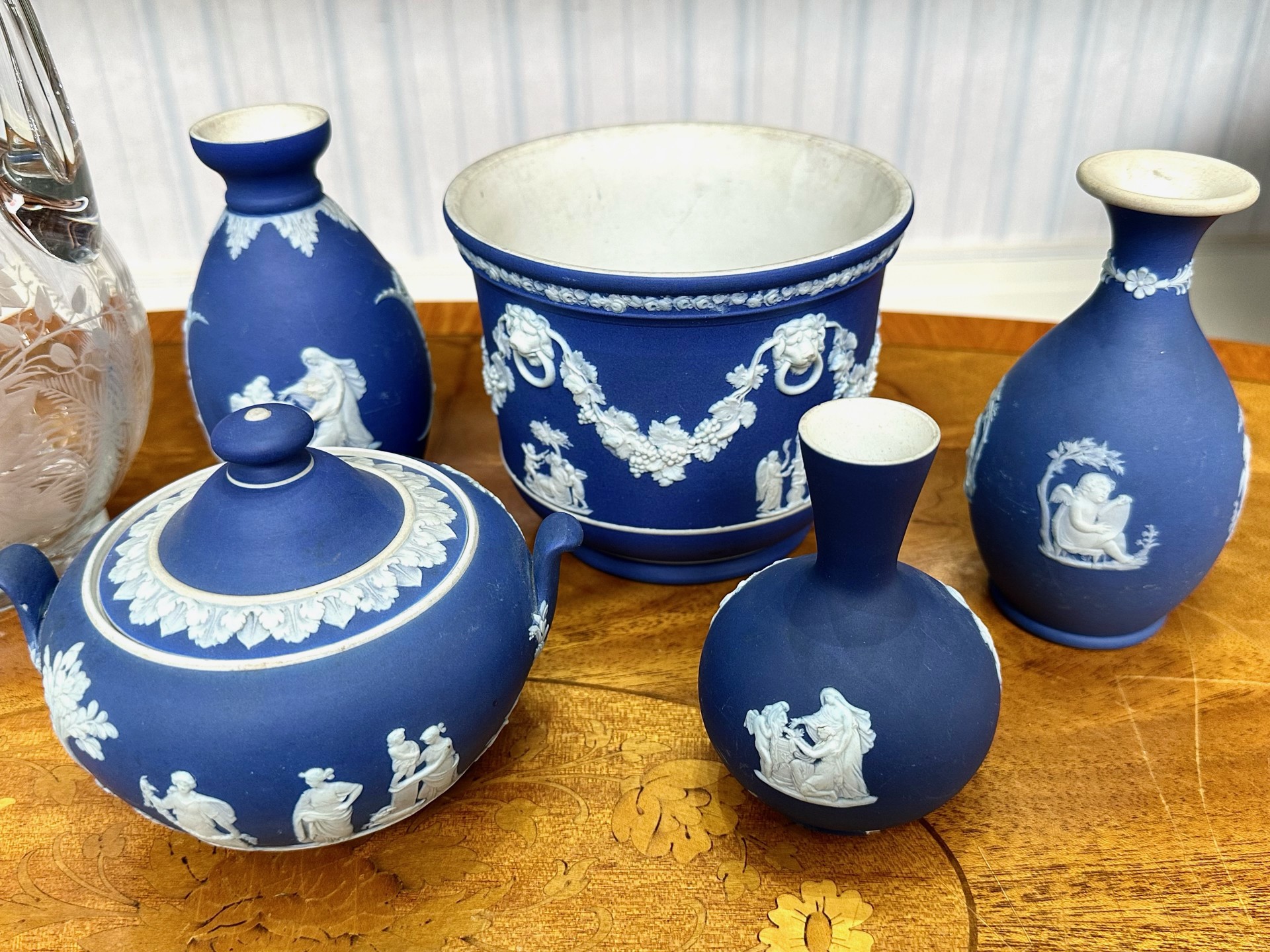 A Collection of Jasper Ware blue Wedgwood, Austrian cups and saucers, decanter, glass vase etc - Image 2 of 4