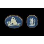 Two 9ct Gold Wedgwood Cameo Brooches, oval approx 2.5'' wide, and rectangular approx. 1.5'' long.