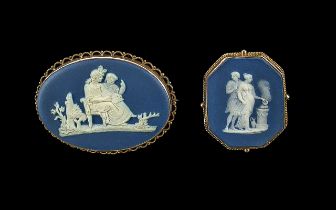 Two 9ct Gold Wedgwood Cameo Brooches, oval approx 2.5'' wide, and rectangular approx. 1.5'' long.