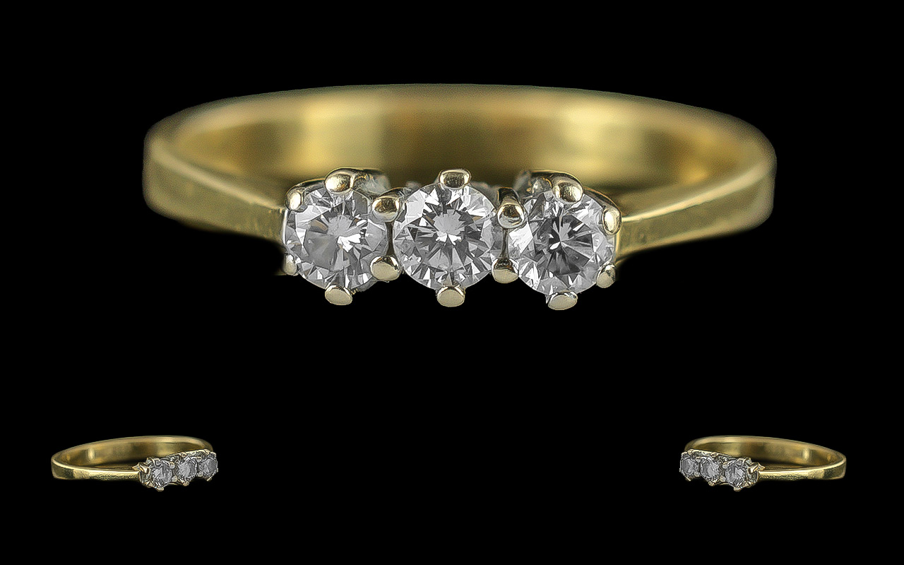 Ladies Pleasing 18ct Gold 3 Stone Diamond Set Ring - Marked 750 (18ct) to Interior Of Shank. The
