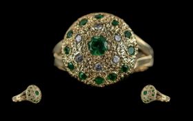 Ladies 18ct Gold Emerald and Diamond Set Ring, Marked 18ct to Interior of Shank, The Pave Set