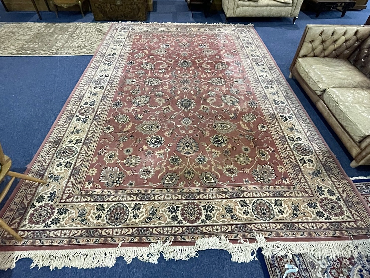 Large Royal Keyshan Wool Carpet, pink background with floral border and fringing, (some marks),