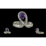 Ladies 14ct White Gold Diamond 3 Stone Amethyst & Diamond Set Contemporary Ring - Marked 585 To