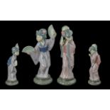 Lladro Pair of Hand Painted Porcelain Figure ' Geisha Girls ' Comprises 1/ Japanese Girl with Fan,