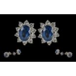 Ladies - Fine Pair of 18ct Gold Diamond and Blue Sapphire Set Earrings, marked 750 - 18ct. flower