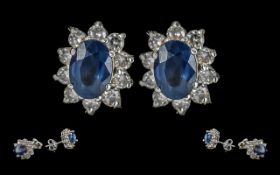 Ladies - Fine Pair of 18ct Gold Diamond and Blue Sapphire Set Earrings, marked 750 - 18ct. flower