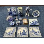 Collection of Delft Dutch Blue & White Pottery, including a large windmill, vase, clogs, trinket