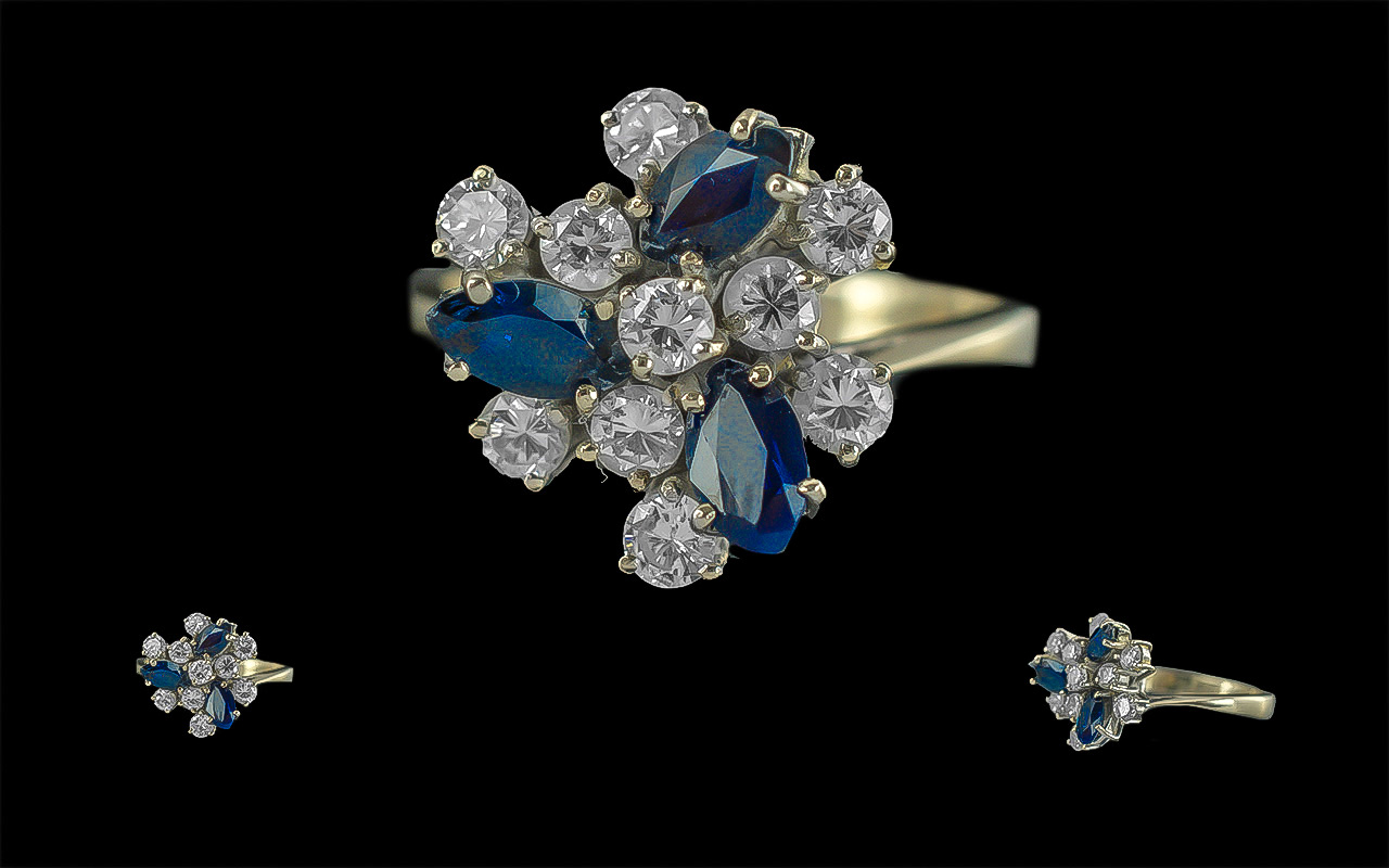 14ct Gold Pleasing Quality Sapphire And Diamond Set Cluster Ring - The White Faceted Diamonds With 3
