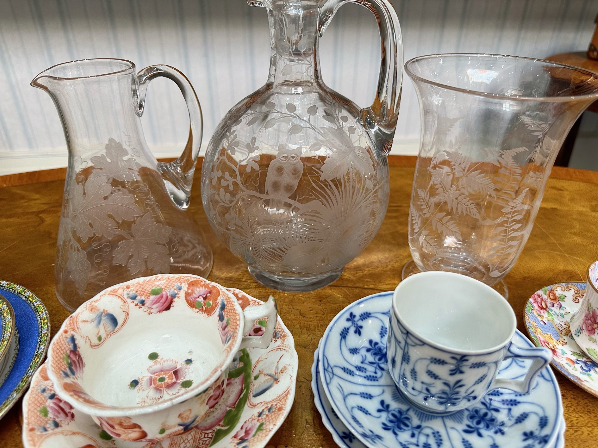 A Collection of Jasper Ware blue Wedgwood, Austrian cups and saucers, decanter, glass vase etc - Image 3 of 4