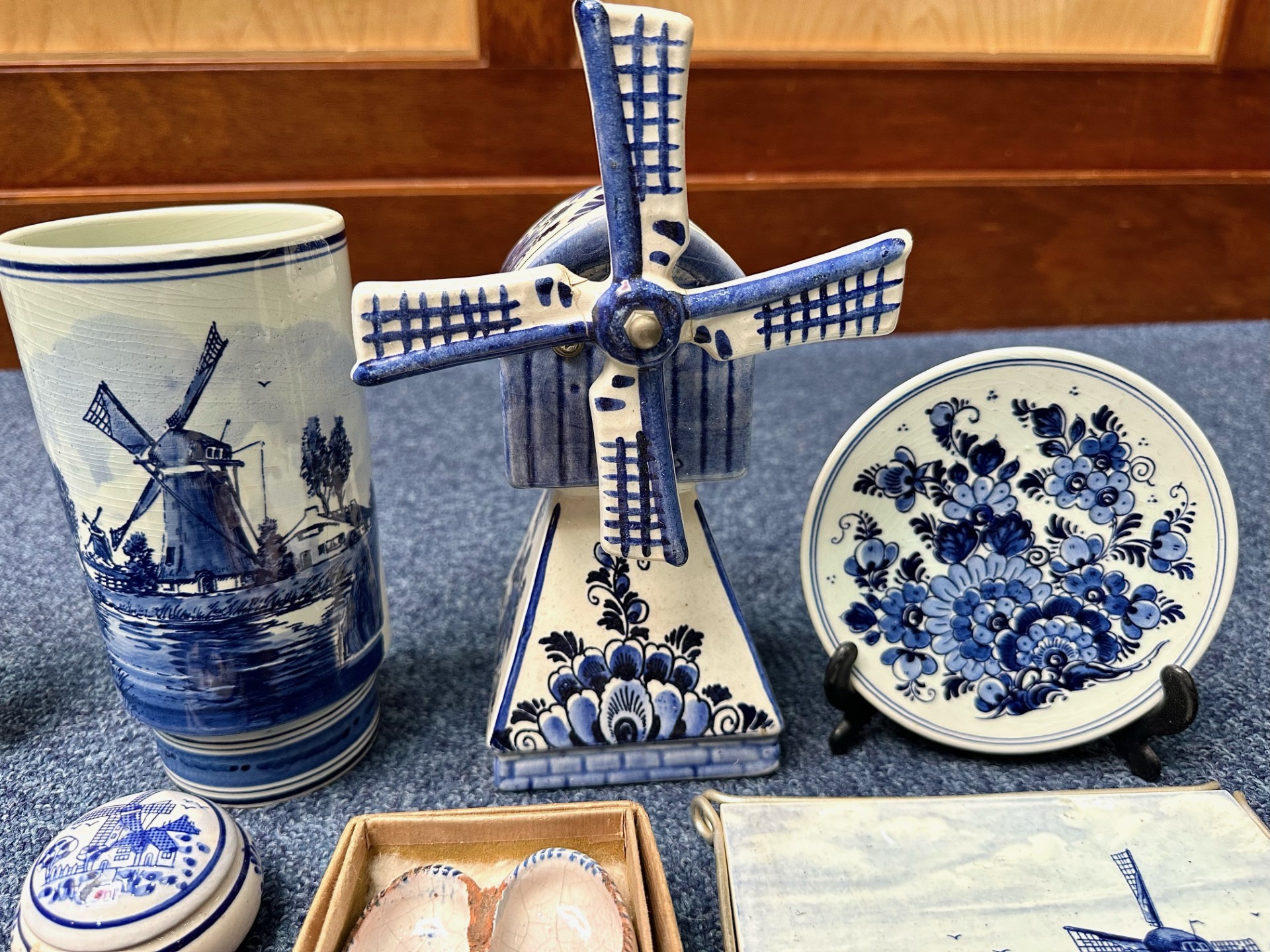 Collection of Delft Dutch Blue & White Pottery, including a large windmill, vase, clogs, trinket - Image 2 of 3