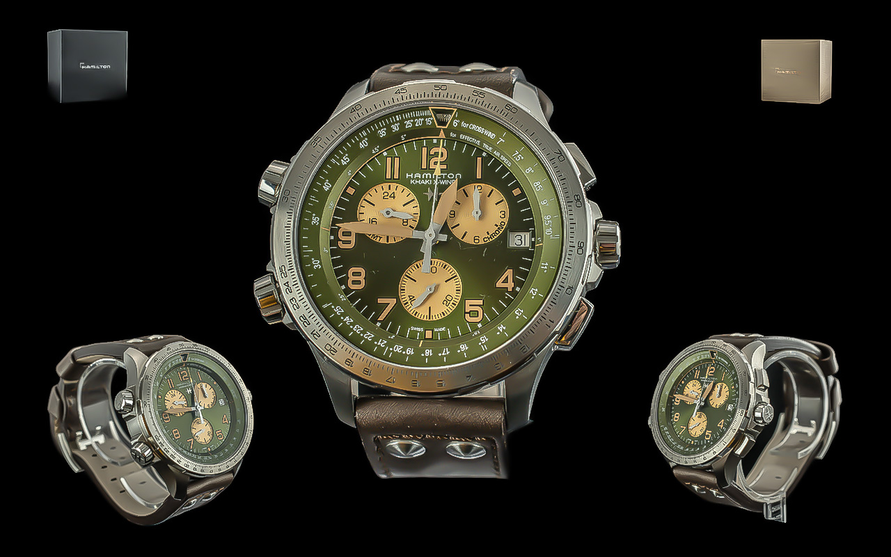 Hamilton Khaki Wind - X Wind GMT Chronograph - Gents Wrist Watch, H77932560 With Brown Leather Watch