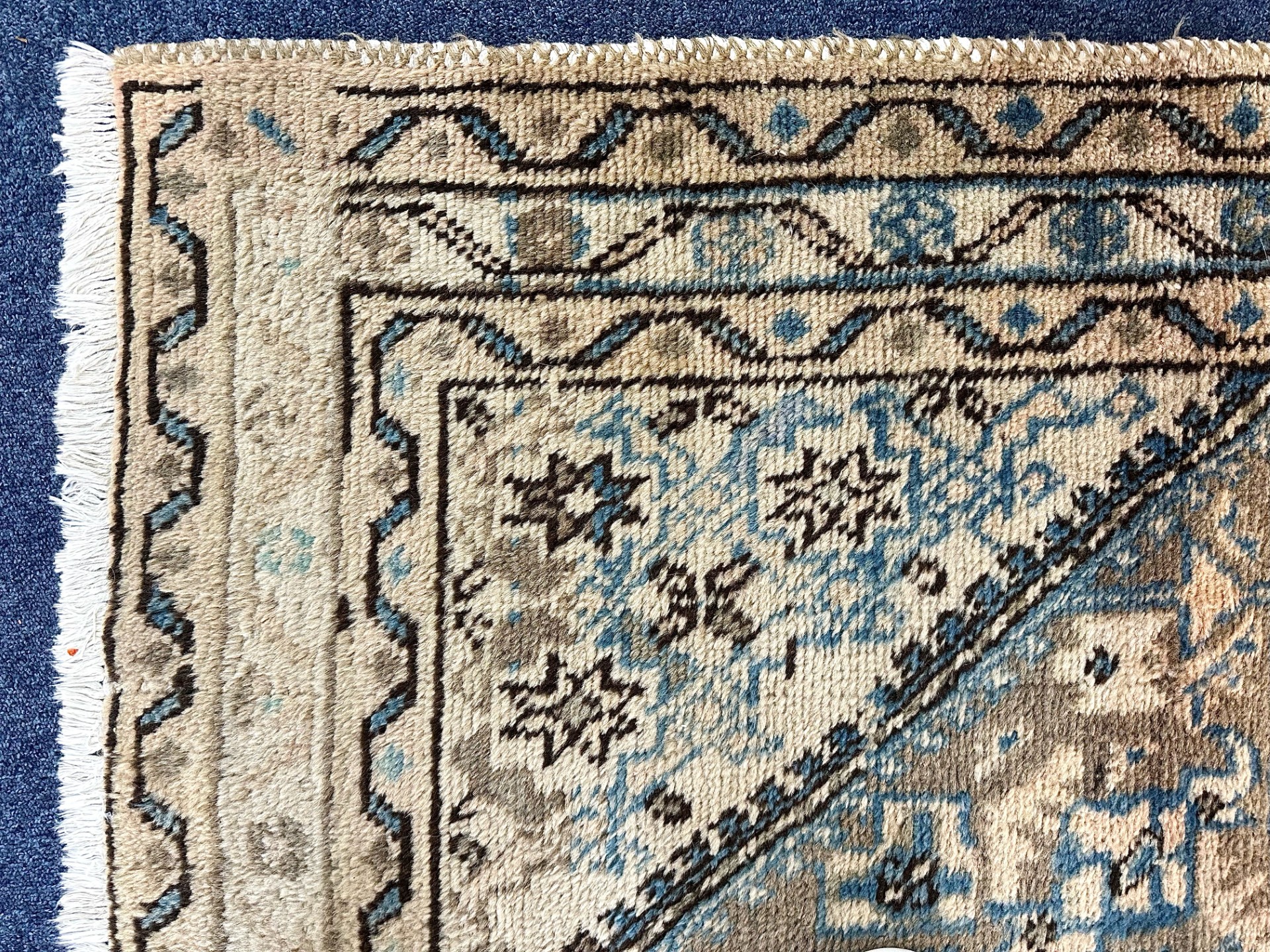 Wool Rug/Runner, beige background, border design, small fringe, measures 47'' wide x 128'' long. - Image 2 of 3