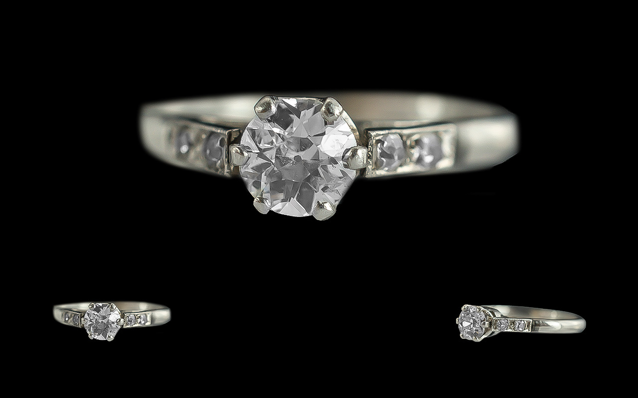 Antique period ladies 18ct white gold single stone diamond set ring. with diamond set shoulders. not