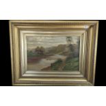 19th Century Oil Painting on Canvas, river landscape, mounted in a gilt swept frame, the whole