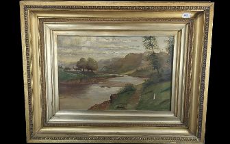 19th Century Oil Painting on Canvas, river landscape, mounted in a gilt swept frame, the whole