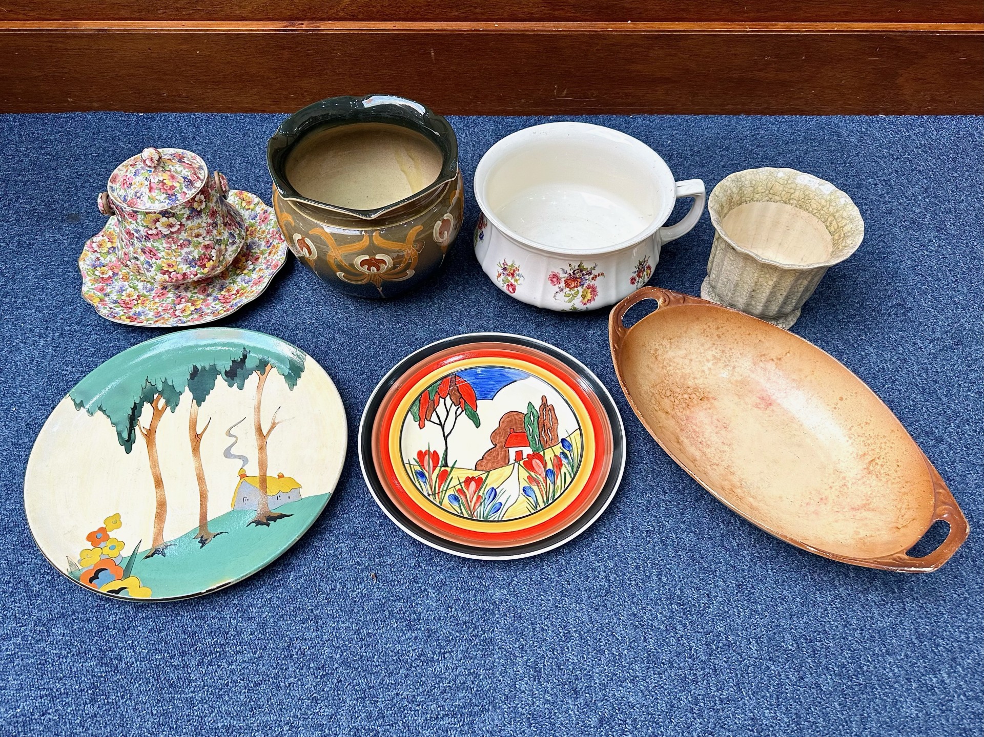 Collection of Vintage Porcelain, including two Deco style large colourful wall plates, a floral