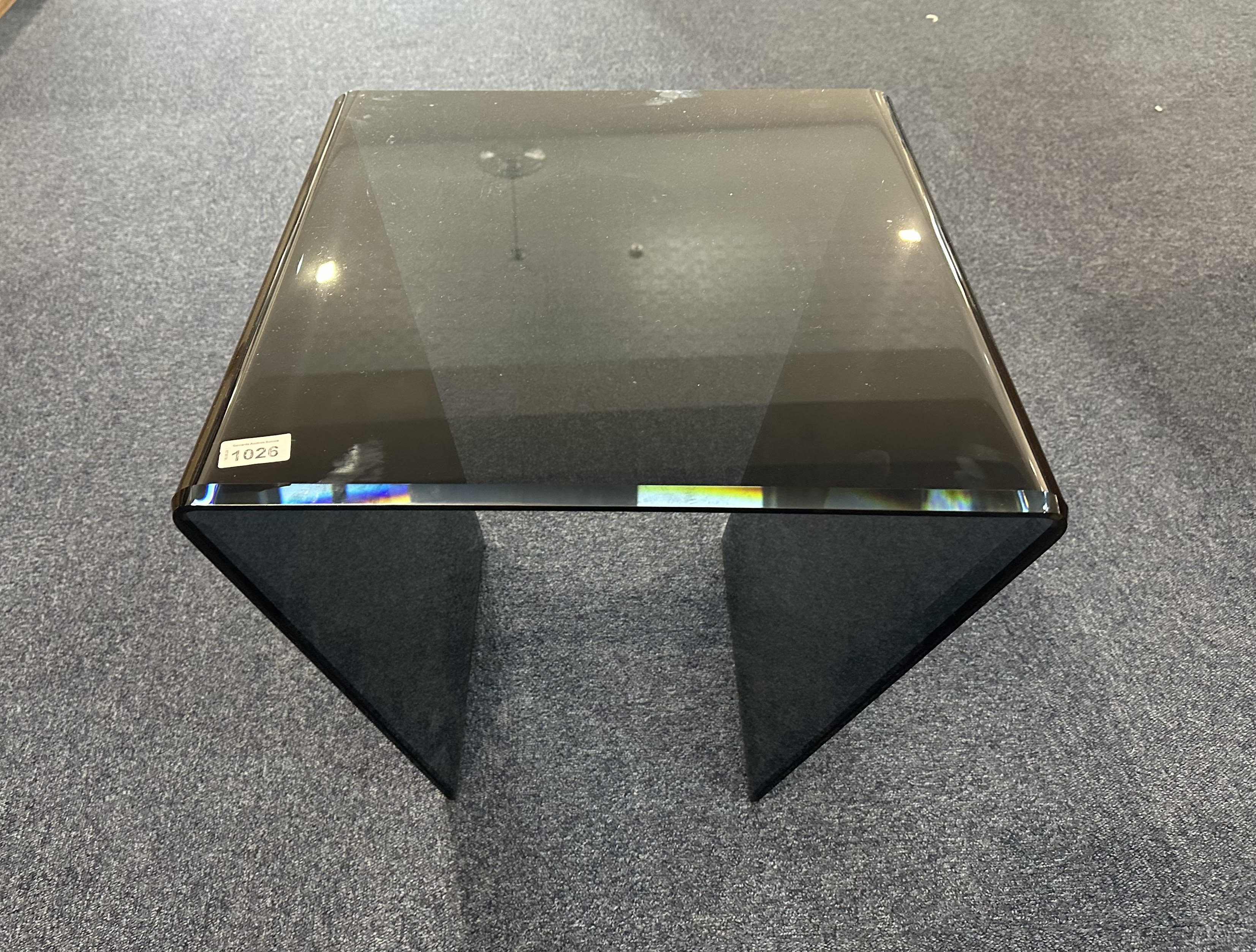 Modern Design Glass Coffee Table, dark purple colour, top measures 19'' x 20'', height 20''. Two - Image 2 of 2