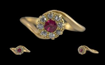 Antique period pleasing petite 18ct gold ruby and diamond set dress ring. mark rubbed but tests