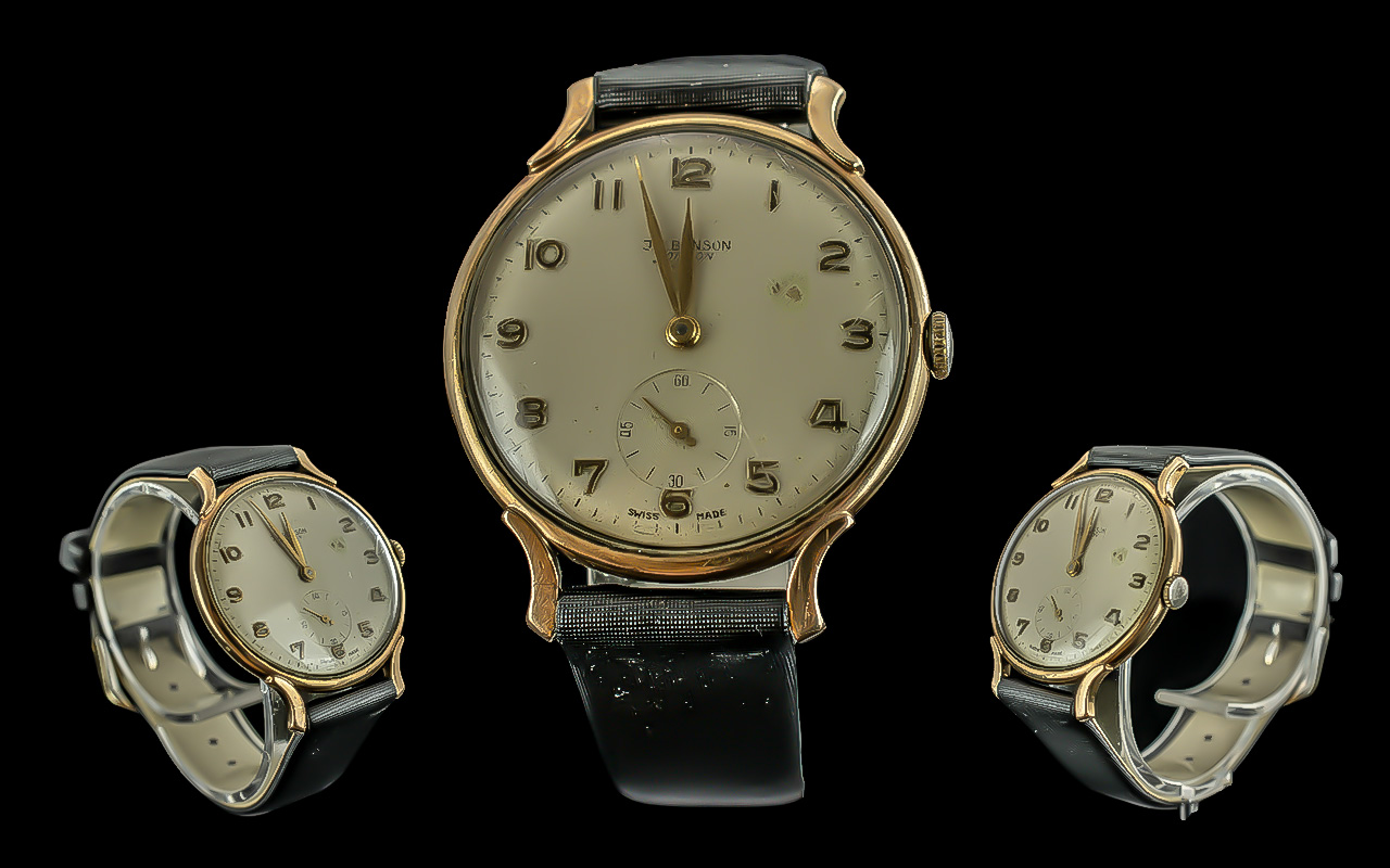 Benson 1940's Gents 9ct Gold Mechanical Wrist Watch, curved lugs, Hallmark to Interior of back