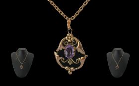 Edwardian Period 1901 - 1910 Ladies Amethyst Set Pendant, Open work Design with Attached 9ct Gold