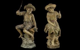Goldschider friedrich signed fine pair of terracotta ( polychrome ) large figures. comprises 1/