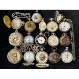 Large Collection of Assorted Pocket Watches, assorted sizes, makes and designs. Makes include