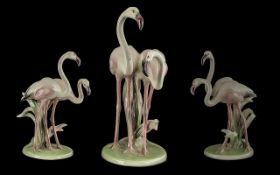 Keranos - vienna pair of large hand painted porcelain bird figure ' flamingos ' c.1950's. height