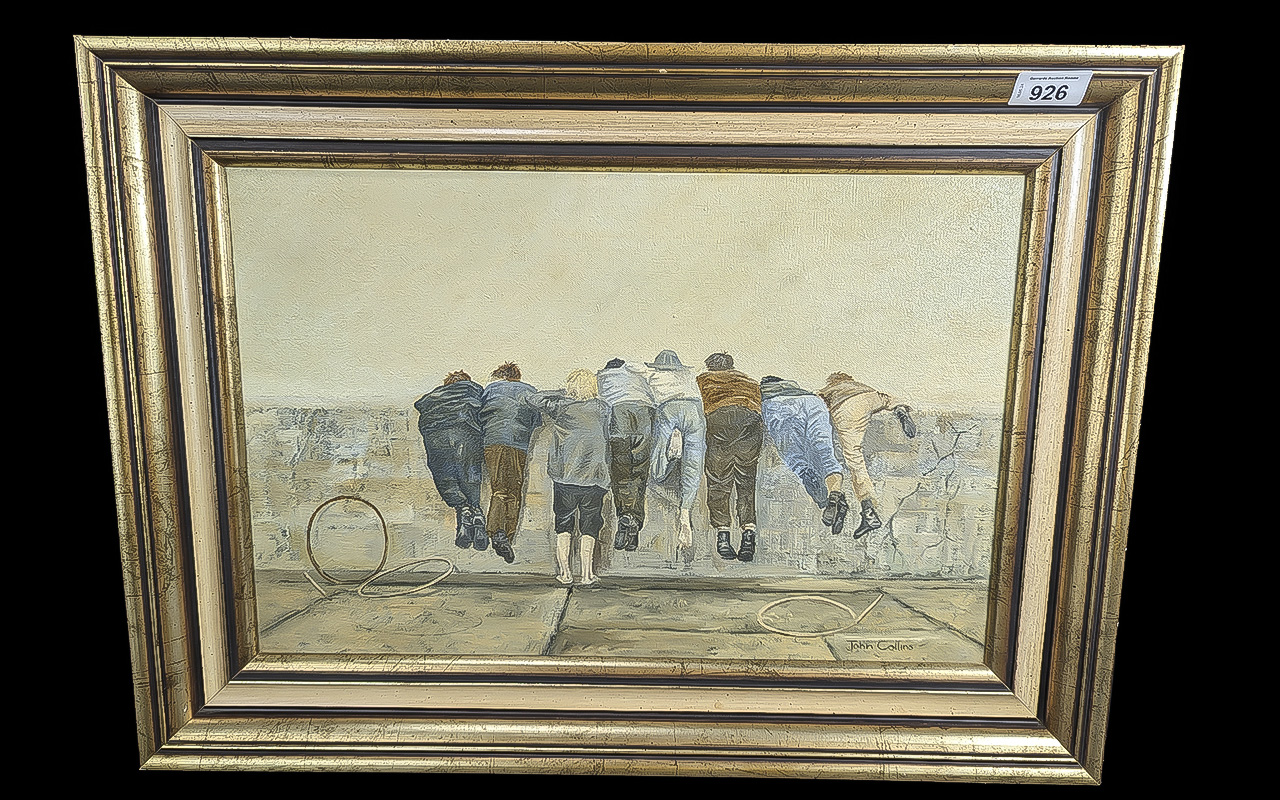 Pleasing Oil on Canvas Painting by John Collins, depicts a group of young boys climbing on a sea