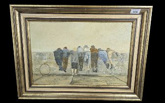 Pleasing Oil on Canvas Painting by John Collins, depicts a group of young boys climbing on a sea