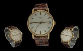 Longines - pleasing gents 9ct gold cased manual wind wrist watch, with original leather watch strap,