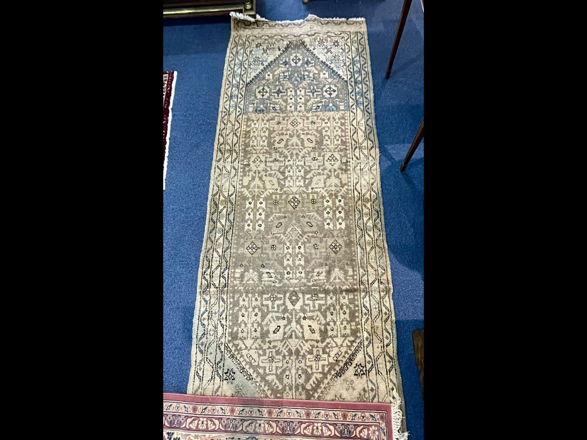 Wool Rug/Runner, beige background, border design, small fringe, measures 47'' wide x 128'' long.