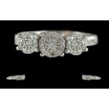 Ladies Attractive 9ct White Gold 3 Cluster Design Diamond Set Ring - Marked 9ct To Interior Of