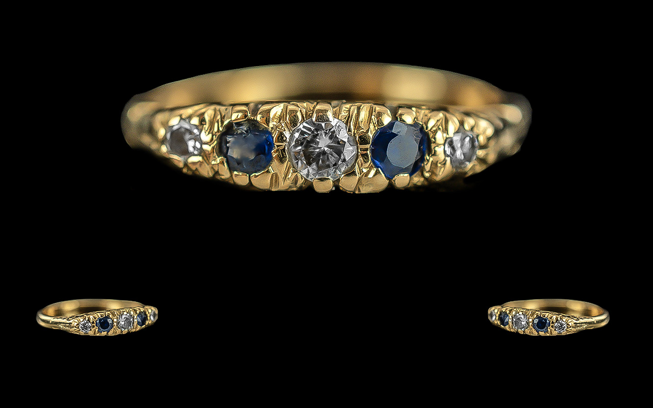 Antique Period - Pleasing 18ct Gold Sapphire and Diamond Set Ring, marked 18ct, Raised Ornate