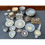 Collection of Wedgwood, including 'Blue Jasper' ware bowl, vase, pair of candlesticks, mantle clock,